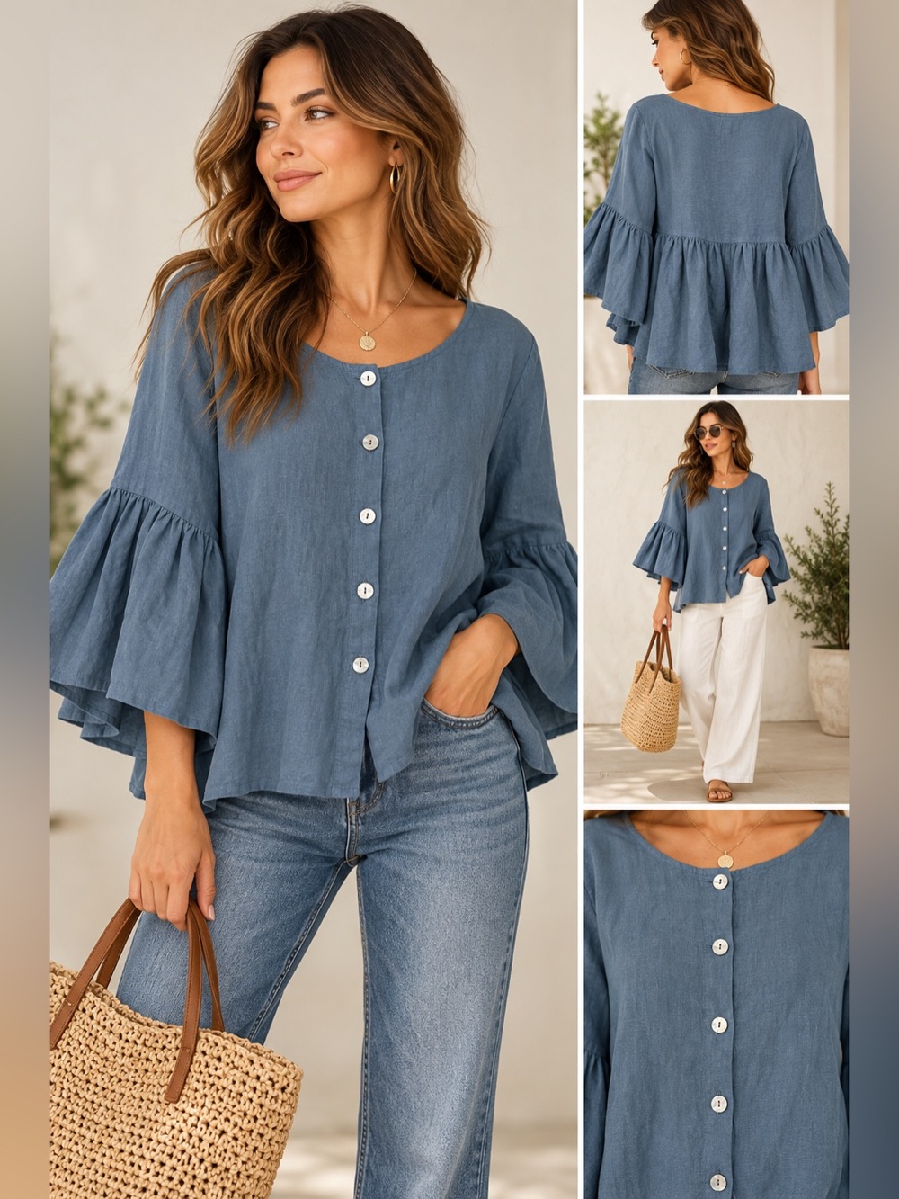 Bryn Walker NWT 100% Linen Ruffle Bell Sleeve Button Front Top Blue XL